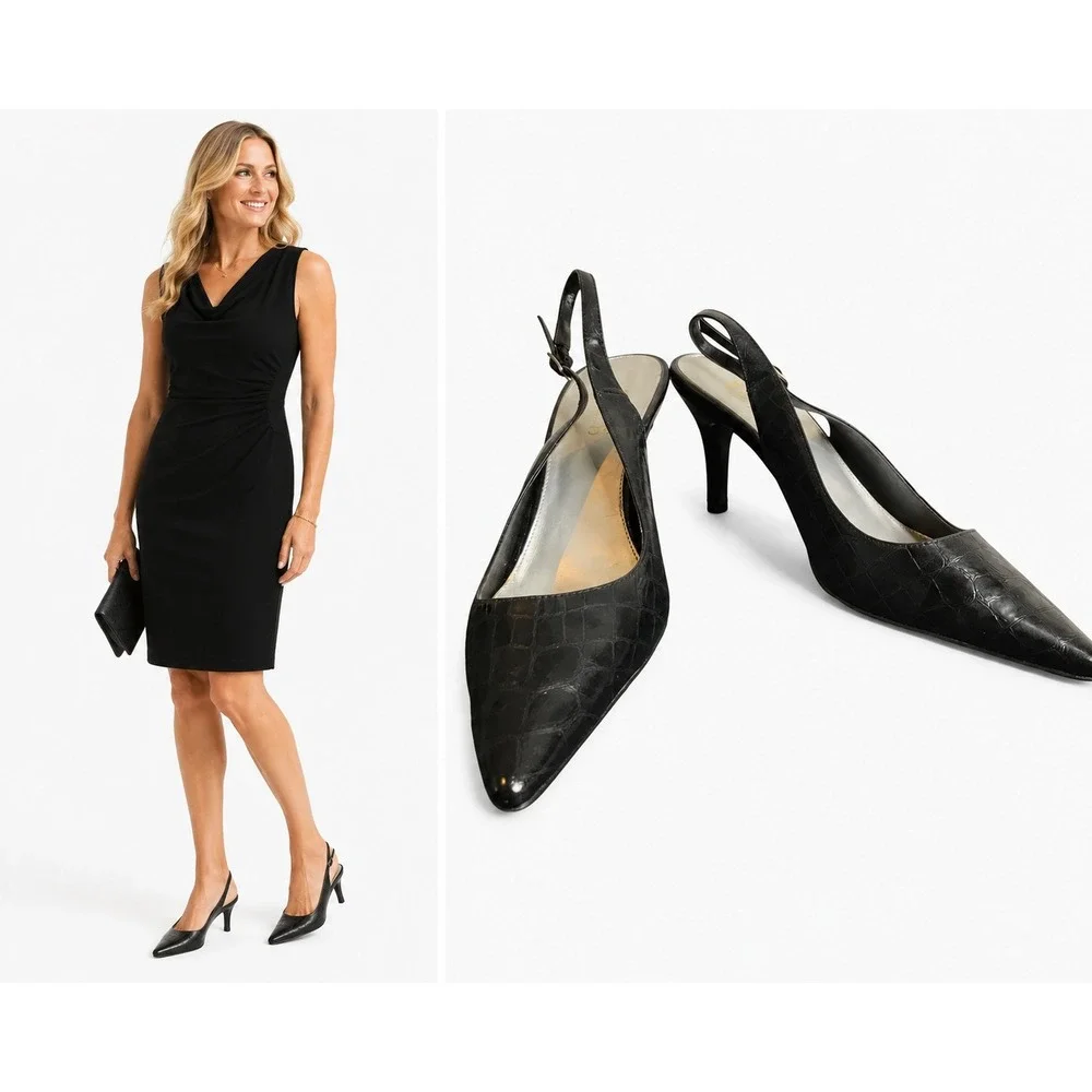 Chaps‎ Slingback Pumps Women 9.5 Black Croc Embossed Leather Pointed Toe Classic